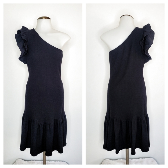 Rebecca Taylor Black One-Shoulder Ribbed Knee Lenght Flounce Dress - Picture 3 of 10